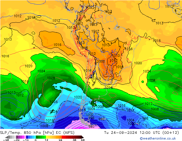 SLP/Temp. 850 hPa EC (AIFS) Tu 24.09.2024 12 UTC