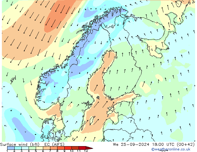 Vent 10 m (bft) EC (AIFS) mer 25.09.2024 18 UTC