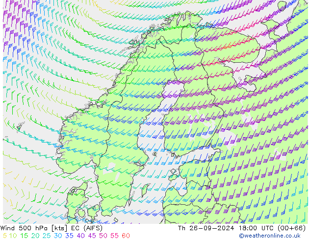 Wind 500 hPa EC (AIFS) Čt 26.09.2024 18 UTC