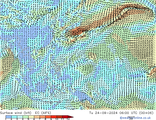 Surface wind (bft) EC (AIFS) Út 24.09.2024 06 UTC