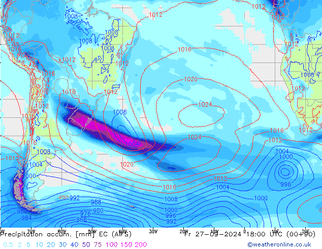 Precipitation accum. EC (AIFS) ven 27.09.2024 18 UTC