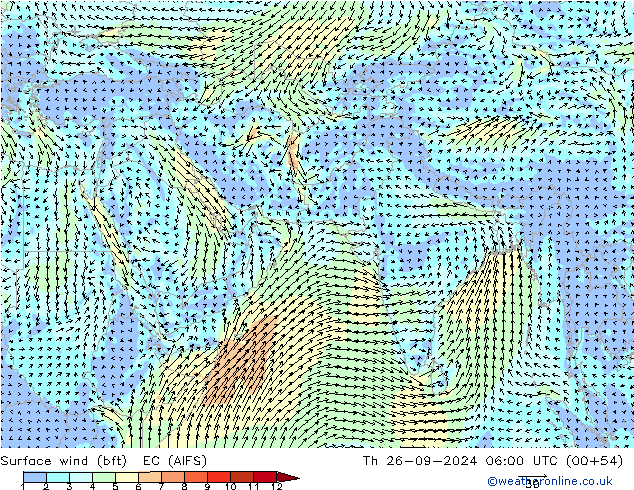 Rüzgar 10 m (bft) EC (AIFS) Per 26.09.2024 06 UTC