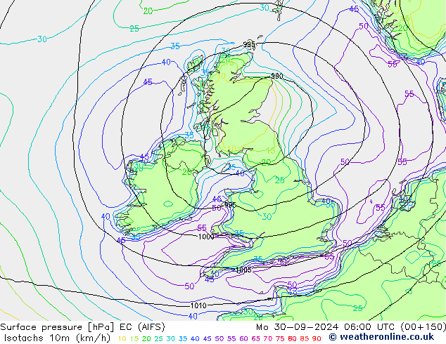 Isotachs (kph) EC (AIFS) Mo 30.09.2024 06 UTC