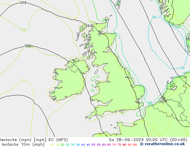 Isotachs (mph) EC (AIFS) Sa 28.09.2024 00 UTC
