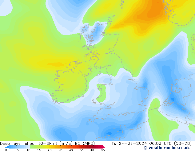 Deep layer shear (0-6km) EC (AIFS) di 24.09.2024 06 UTC