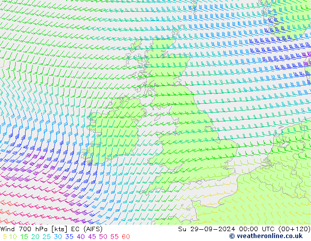 wiatr 700 hPa EC (AIFS) nie. 29.09.2024 00 UTC