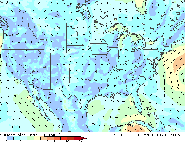 Vento 10 m (bft) EC (AIFS) Ter 24.09.2024 06 UTC