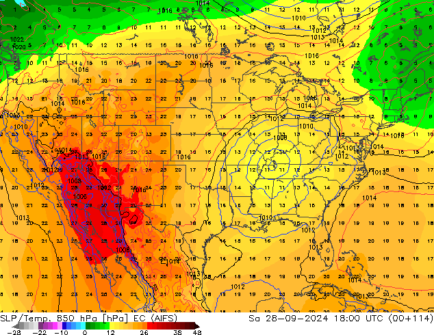 SLP/Temp. 850 hPa EC (AIFS) Sa 28.09.2024 18 UTC