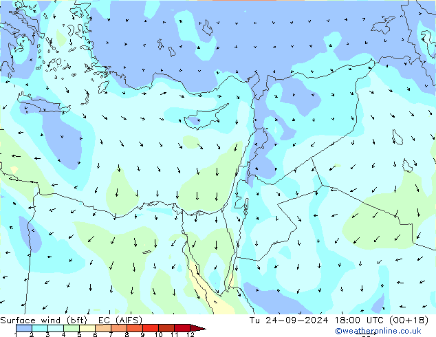 Wind 10 m (bft) EC (AIFS) di 24.09.2024 18 UTC