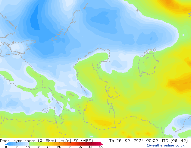 Deep layer shear (0-6km) EC (AIFS) чт 26.09.2024 00 UTC