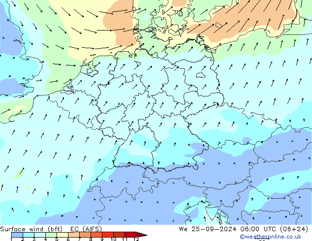 Bodenwind (bft) EC (AIFS) Mi 25.09.2024 06 UTC