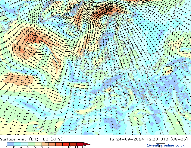 Surface wind (bft) EC (AIFS) Tu 24.09.2024 12 UTC