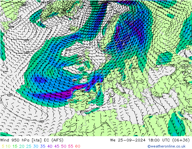 Viento 950 hPa EC (AIFS) mié 25.09.2024 18 UTC