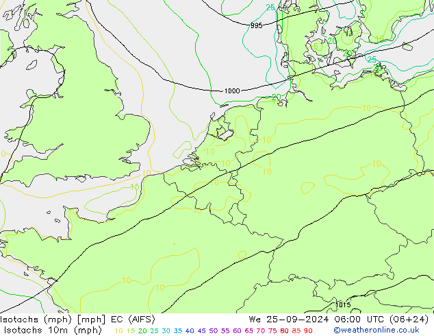 Isotachs (mph) EC (AIFS) mer 25.09.2024 06 UTC