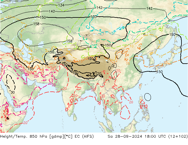 Height/Temp. 850 hPa EC (AIFS) so. 28.09.2024 18 UTC