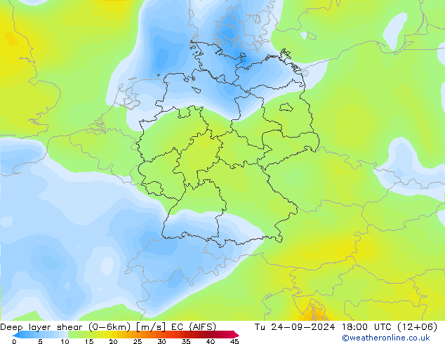 Deep layer shear (0-6km) EC (AIFS) di 24.09.2024 18 UTC