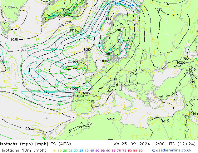 Isotachs (mph) EC (AIFS) We 25.09.2024 12 UTC
