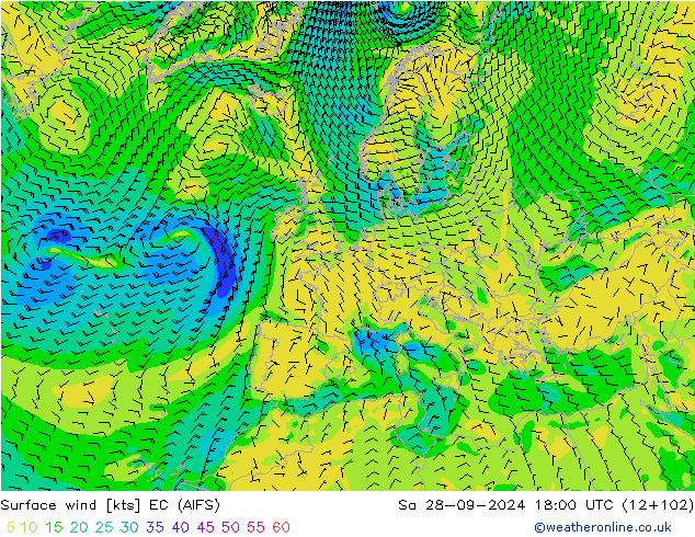 Wind 10 m EC (AIFS) za 28.09.2024 18 UTC