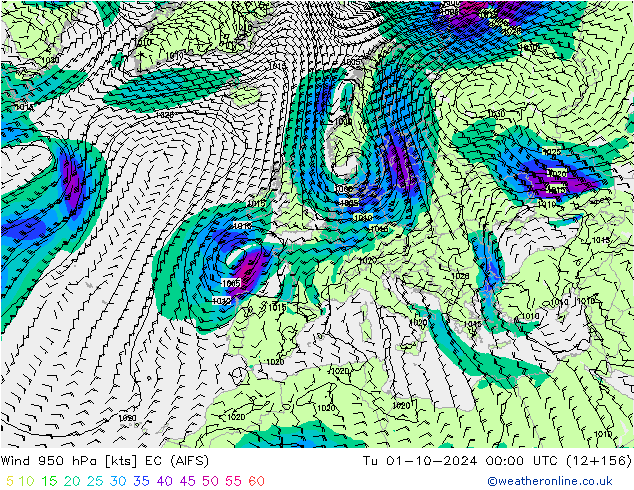 Wind 950 hPa EC (AIFS) Út 01.10.2024 00 UTC