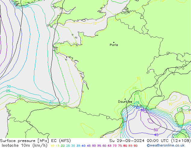 Isotachs (kph) EC (AIFS) dom 29.09.2024 00 UTC