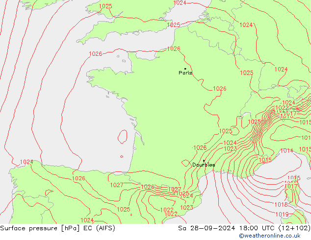 Atmosférický tlak EC (AIFS) So 28.09.2024 18 UTC