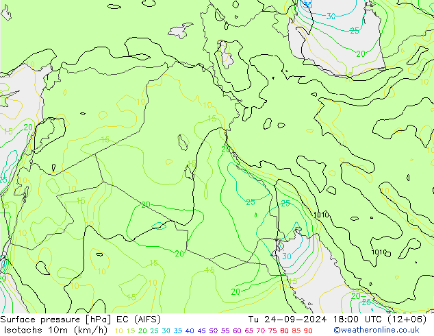 Isotachs (kph) EC (AIFS) Tu 24.09.2024 18 UTC