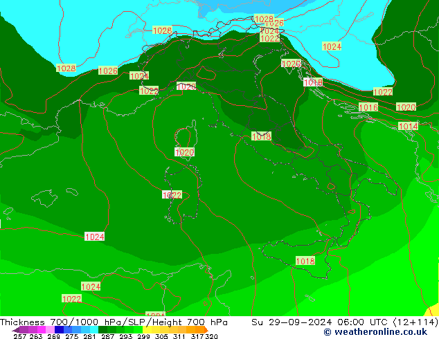 Thck 700-1000 hPa EC (AIFS) Su 29.09.2024 06 UTC