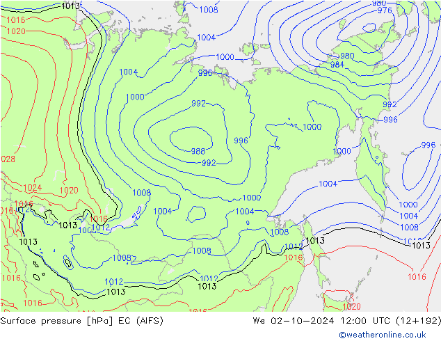 Atmosférický tlak EC (AIFS) St 02.10.2024 12 UTC