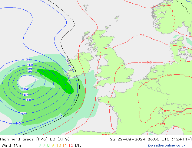 High wind areas EC (AIFS) Su 29.09.2024 06 UTC