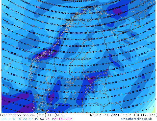 Precipitation accum. EC (AIFS) Po 30.09.2024 12 UTC