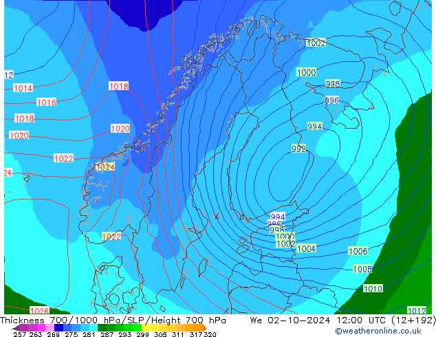 Thck 700-1000 hPa EC (AIFS) We 02.10.2024 12 UTC