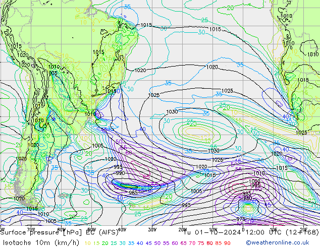 Isotachs (kph) EC (AIFS)  01.10.2024 12 UTC