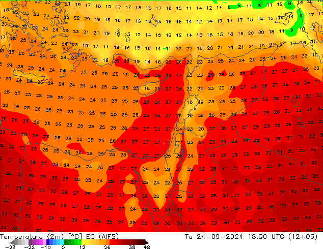 Temperature (2m) EC (AIFS) Tu 24.09.2024 18 UTC