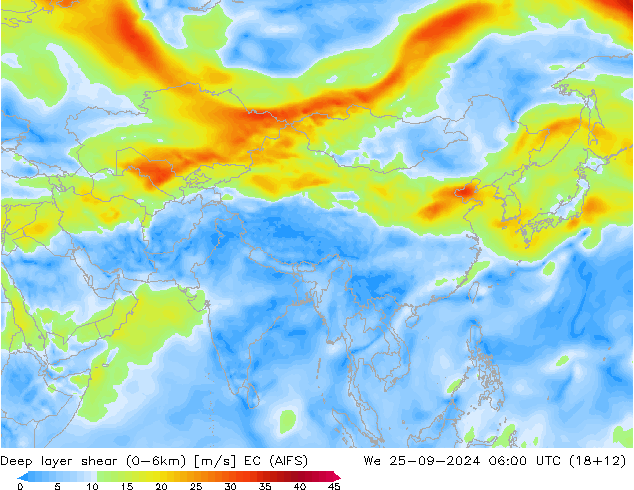 Deep layer shear (0-6km) EC (AIFS) Çar 25.09.2024 06 UTC