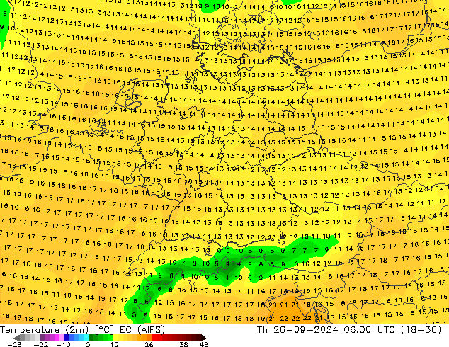 Temperatuurkaart (2m) EC (AIFS) do 26.09.2024 06 UTC