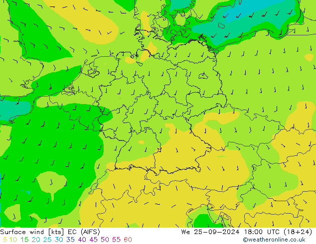 Viento 10 m EC (AIFS) mié 25.09.2024 18 UTC