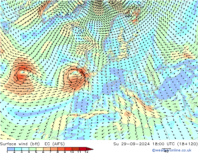 Surface wind (bft) EC (AIFS) Su 29.09.2024 18 UTC