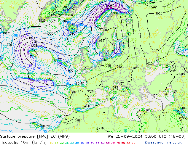 Isotachs (kph) EC (AIFS) We 25.09.2024 00 UTC