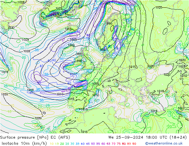 Isotachs (kph) EC (AIFS) We 25.09.2024 18 UTC