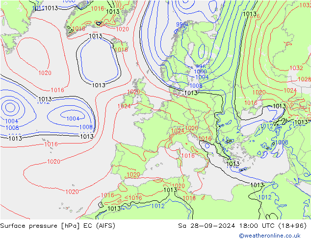 Atmosférický tlak EC (AIFS) So 28.09.2024 18 UTC