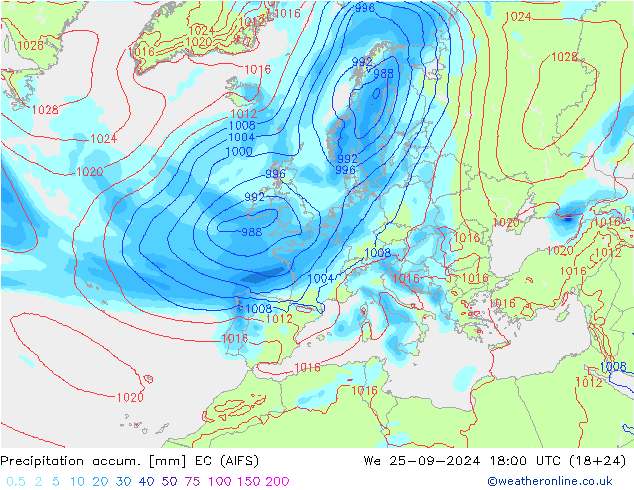 Precipitation accum. EC (AIFS) Qua 25.09.2024 18 UTC