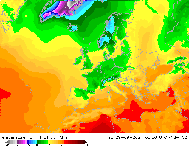 température (2m) EC (AIFS) dim 29.09.2024 00 UTC