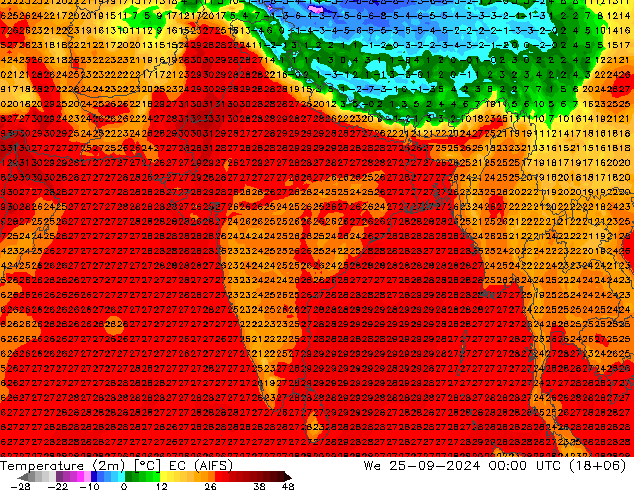 mapa temperatury (2m) EC (AIFS) śro. 25.09.2024 00 UTC