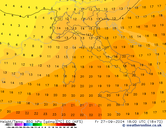 Height/Temp. 850 hPa EC (AIFS) Fr 27.09.2024 18 UTC