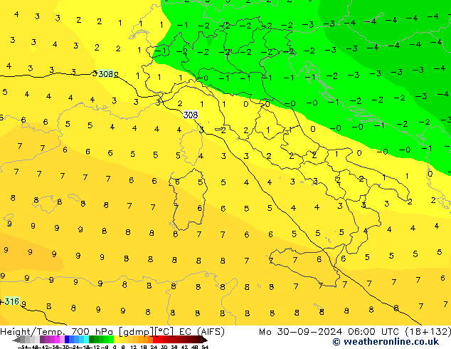 Hoogte/Temp. 700 hPa EC (AIFS) ma 30.09.2024 06 UTC