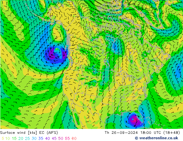 Surface wind EC (AIFS) Čt 26.09.2024 18 UTC