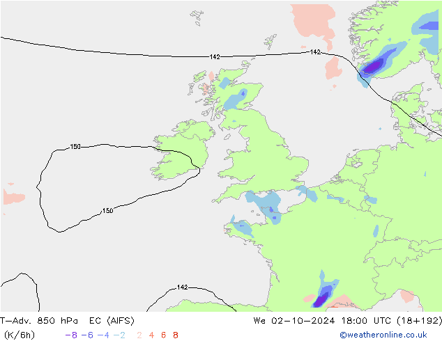 T-Adv. 850 hPa EC (AIFS) śro. 02.10.2024 18 UTC