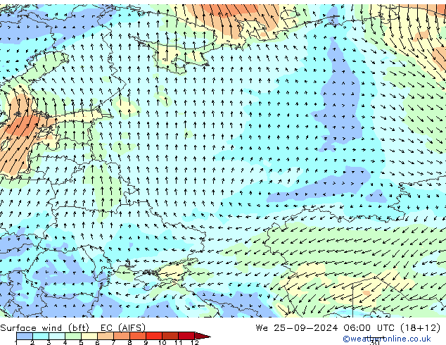 Vento 10 m (bft) EC (AIFS) Qua 25.09.2024 06 UTC