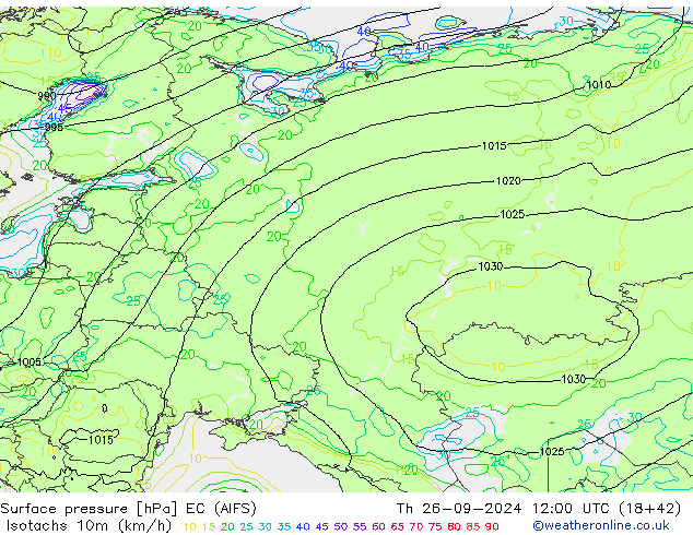 Isotachs (kph) EC (AIFS)  26.09.2024 12 UTC