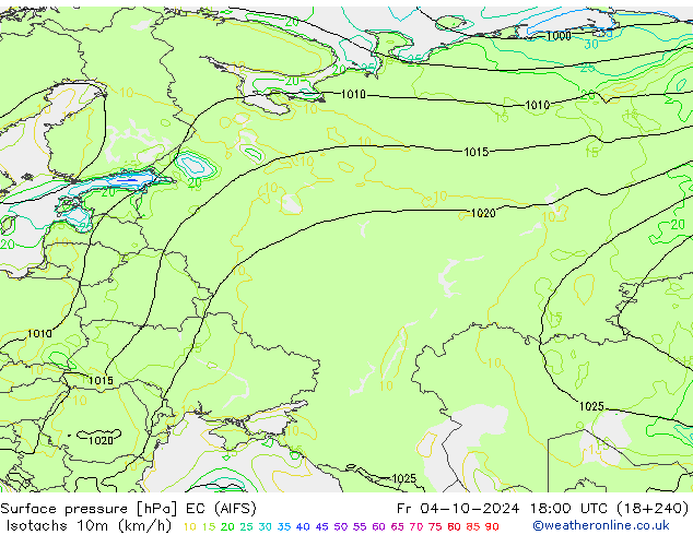 Izotacha (km/godz) EC (AIFS) pt. 04.10.2024 18 UTC